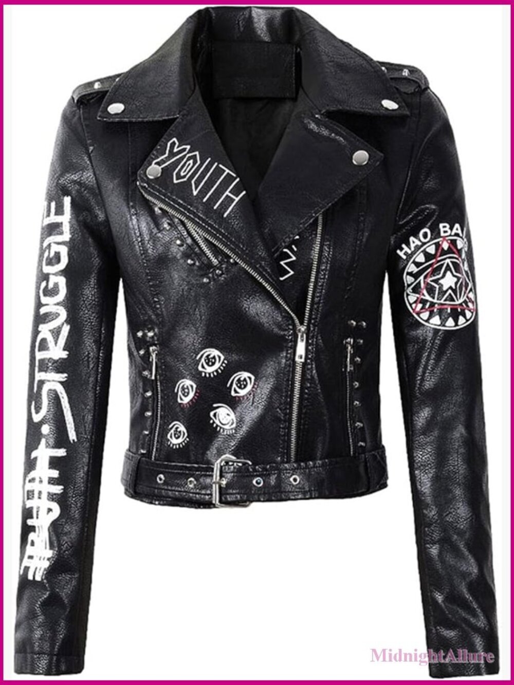 Women's Faux Leather Punk Motorcycle Jacket with Belt